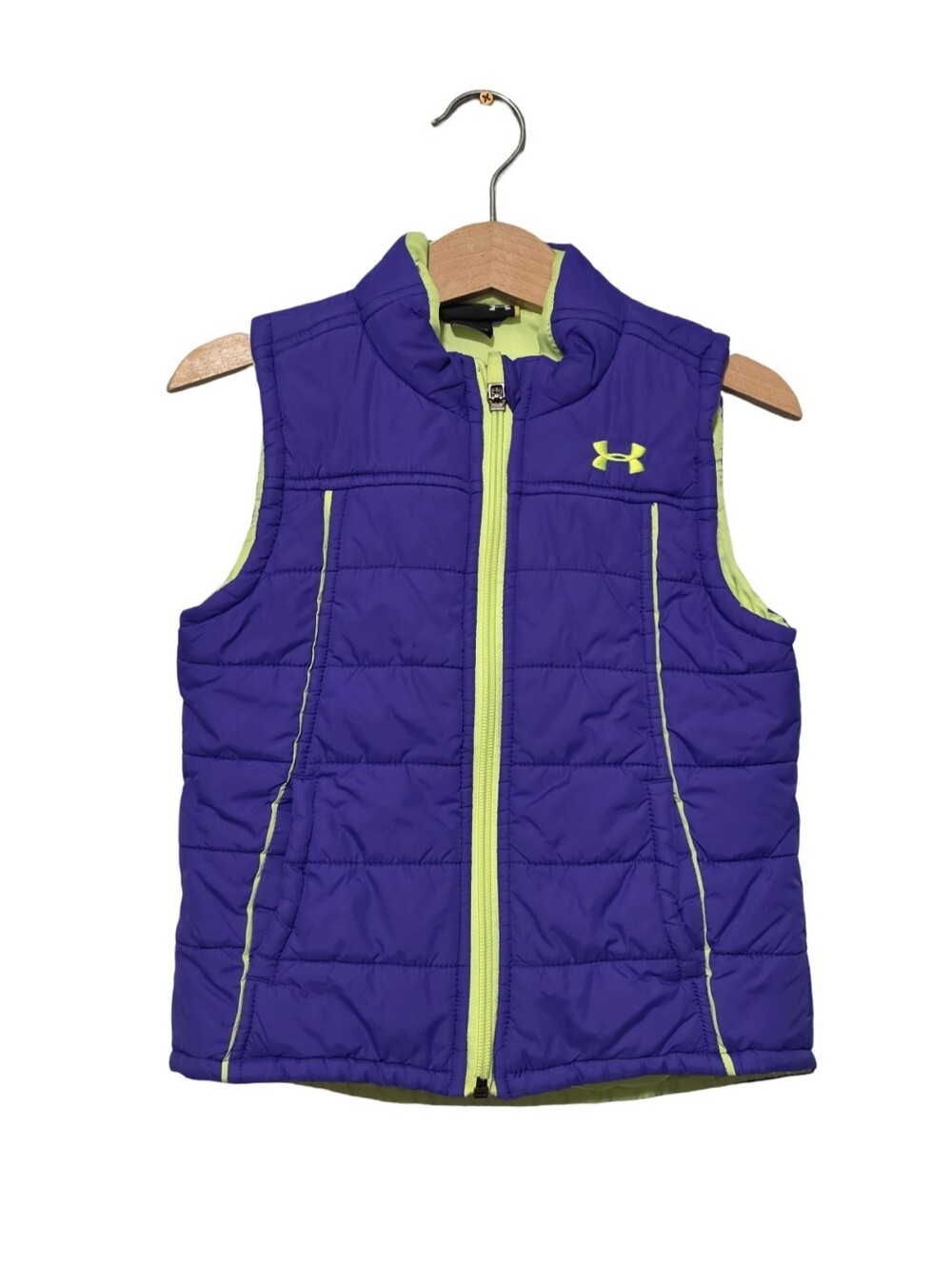 UNDER ARMOUR Puffer Vest Girls Size 4T Purple Neon Green Quilted Athletic Sporty